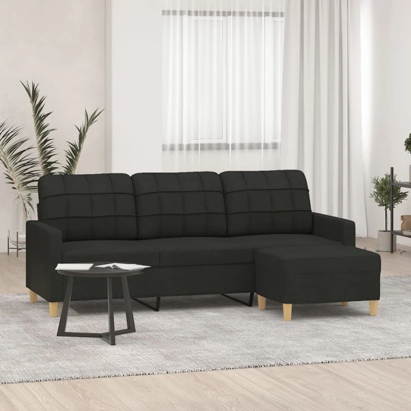 3-personers sofa med fodskammel 180 cm – sort
