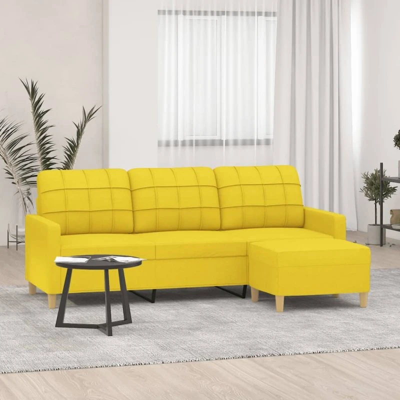 3-personers sofa med fodskammel 180 cm – lysegul stof