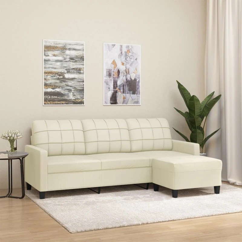 3-personers sofa med fodskammel 180 cm - creme kunstlæder