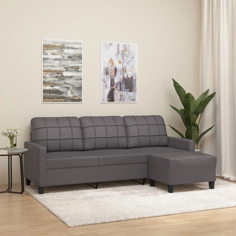 3-personers sofa med fodskammel 180 cm, gråt kunstlæder