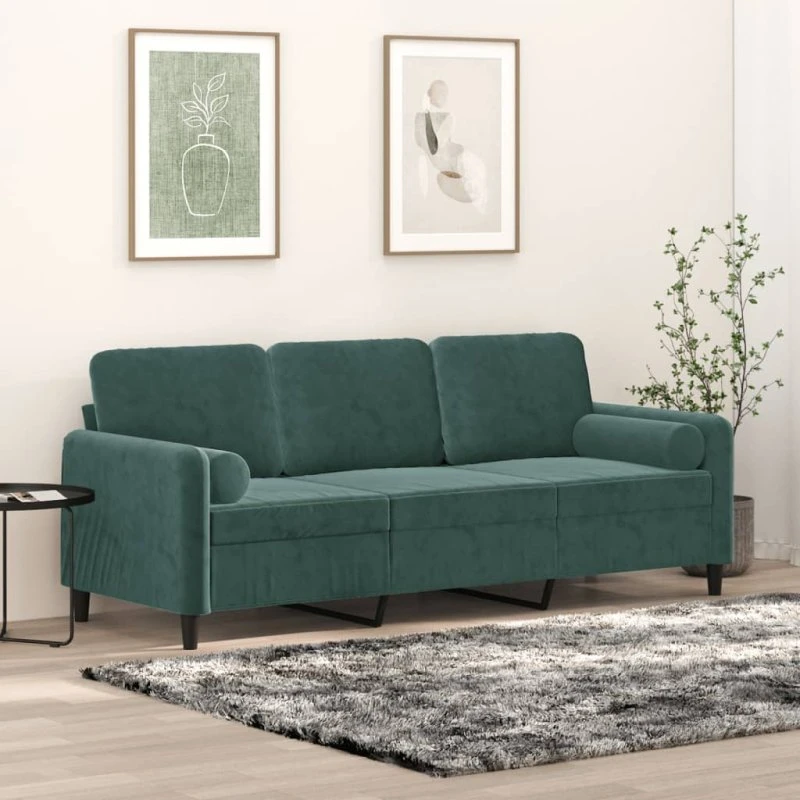 3-personers velour-sofa 180 cm mørkegrøn med pyntepuder