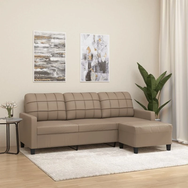 3-personers sofa med fodskammel 180 cm – cappuccino kunstlæder