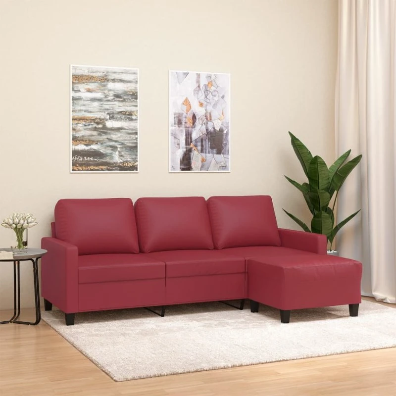 3-personers sofa med fodskammel 180 cm vinrød kunstlæder