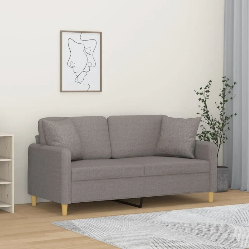 2-personers sofa 140 cm i gråbrunt stof med pyntepuder