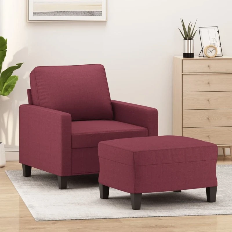 Sofastol med fodskammel 60 cm - stof vinrød