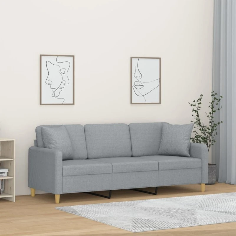 3-personers sofa 180 cm stof lysegrå med pyntepuder