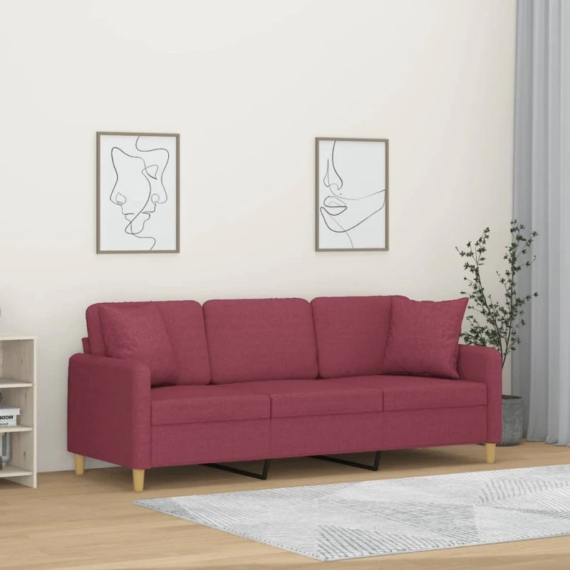 3-personers sofa 180 cm vinrød stof med pyntepuder