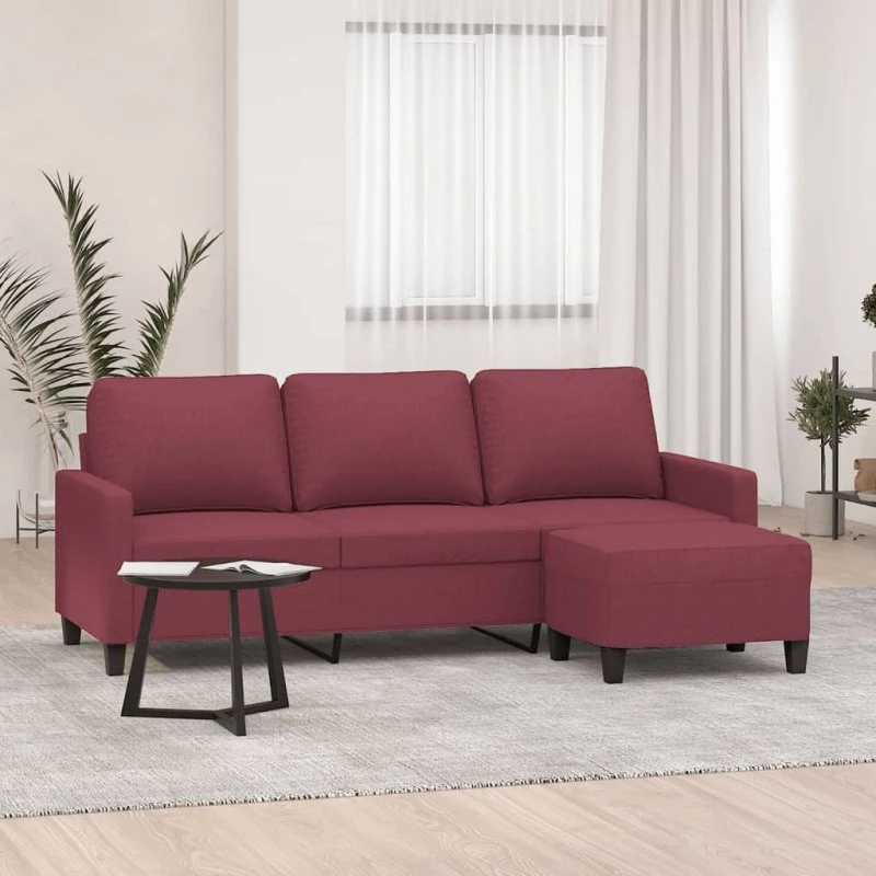 3-personers sofa med fodskammel 180 cm - Vinrød stof