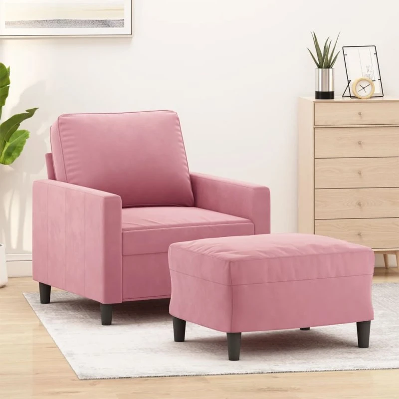Sofastol med fodskammel 60 cm i lyserød velour