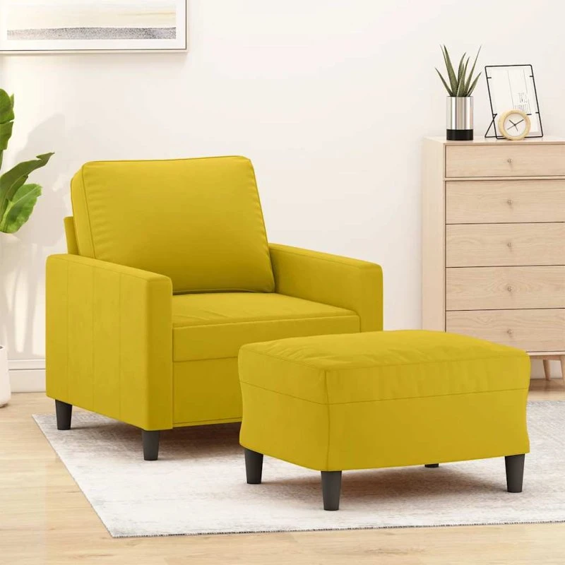 Sofastol med fodskammel 60 cm i gul velour