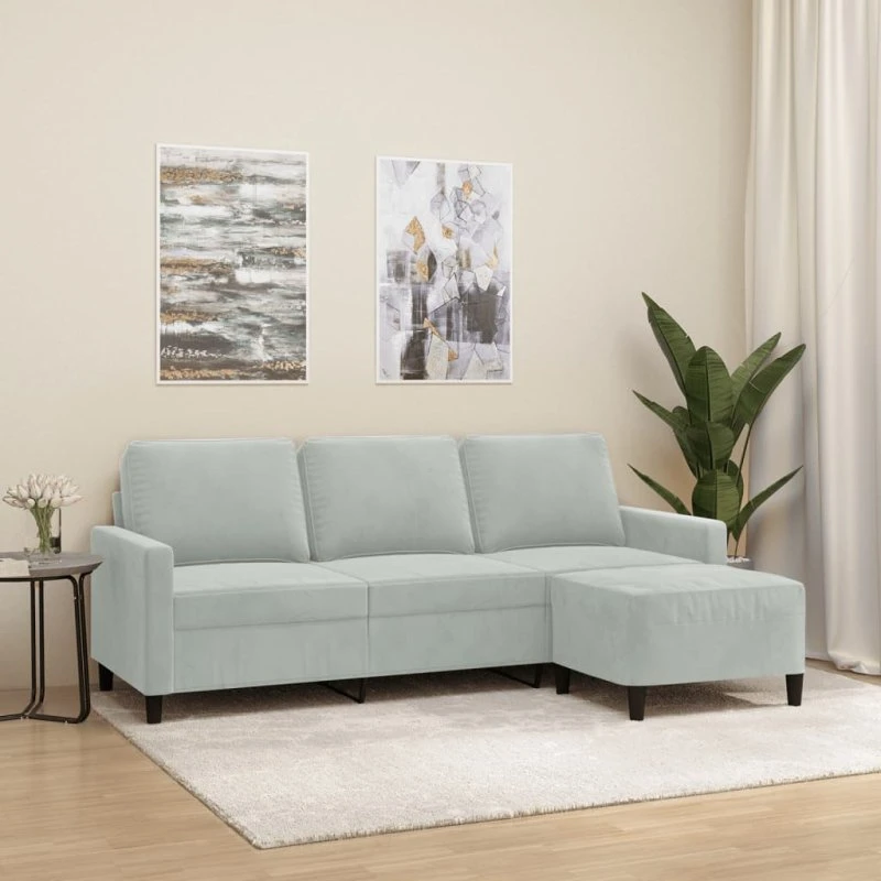 3-personers veloursofa med fodskammel 180 cm – Lysegrå