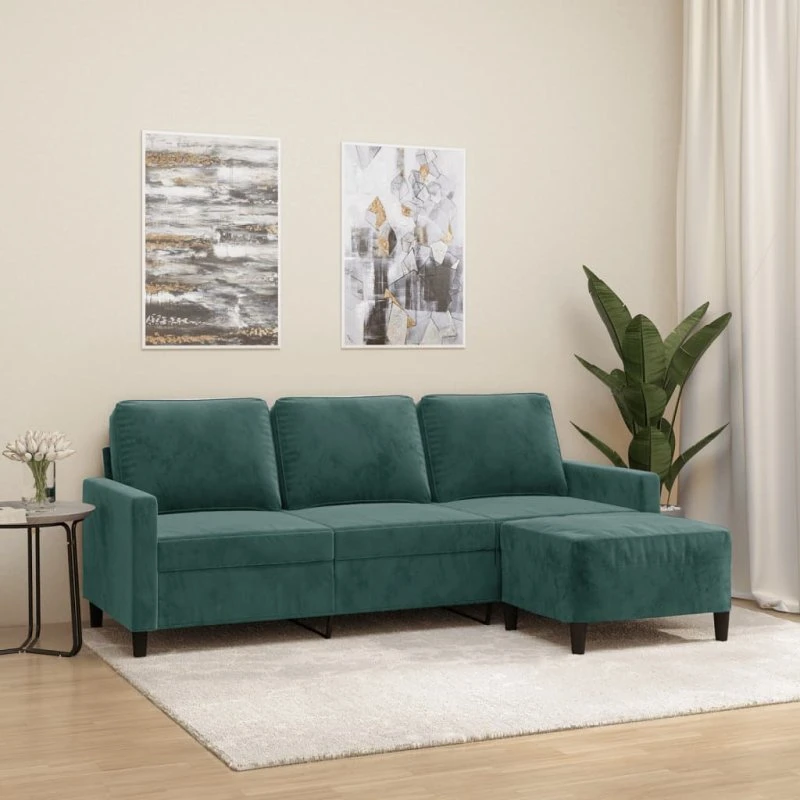 3-personers veloursofa med fodskammel 180 cm – mørkegrøn