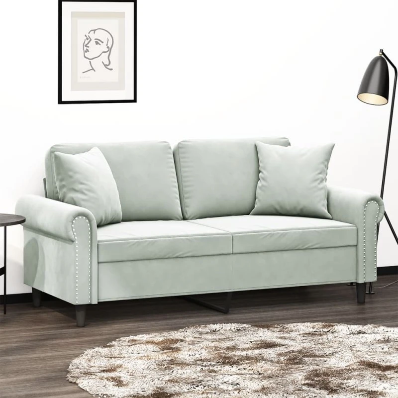 2-personers veloursofa 140 cm lysegrå med pyntepuder