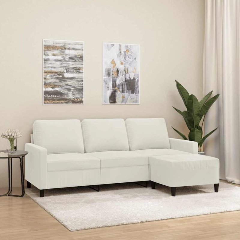 3-personers veloursofa med fodskammel 180 cm, creme