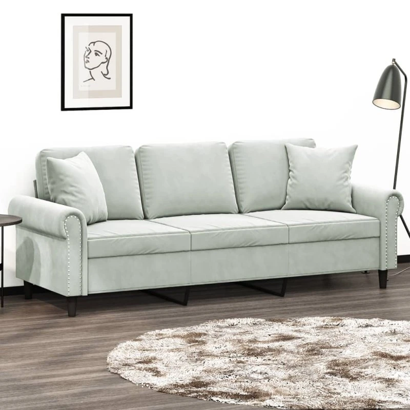 3-personers veloursofa 180 cm - lysegrå med pyntepuder
