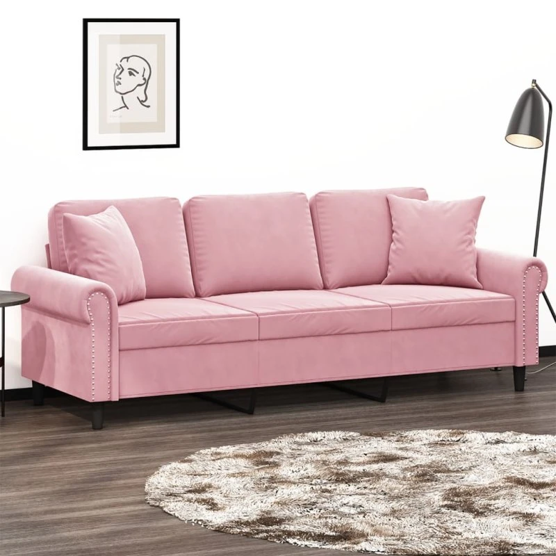 3-personers sofa i pink velour, 180 cm