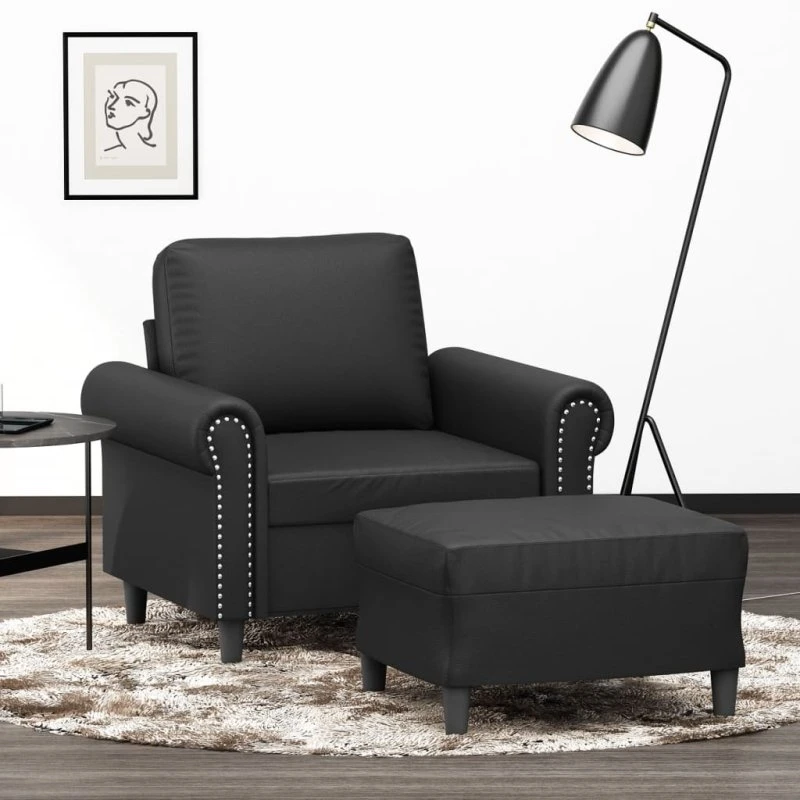 Sofastol med fodskammel 60 cm - sort kunstlæder