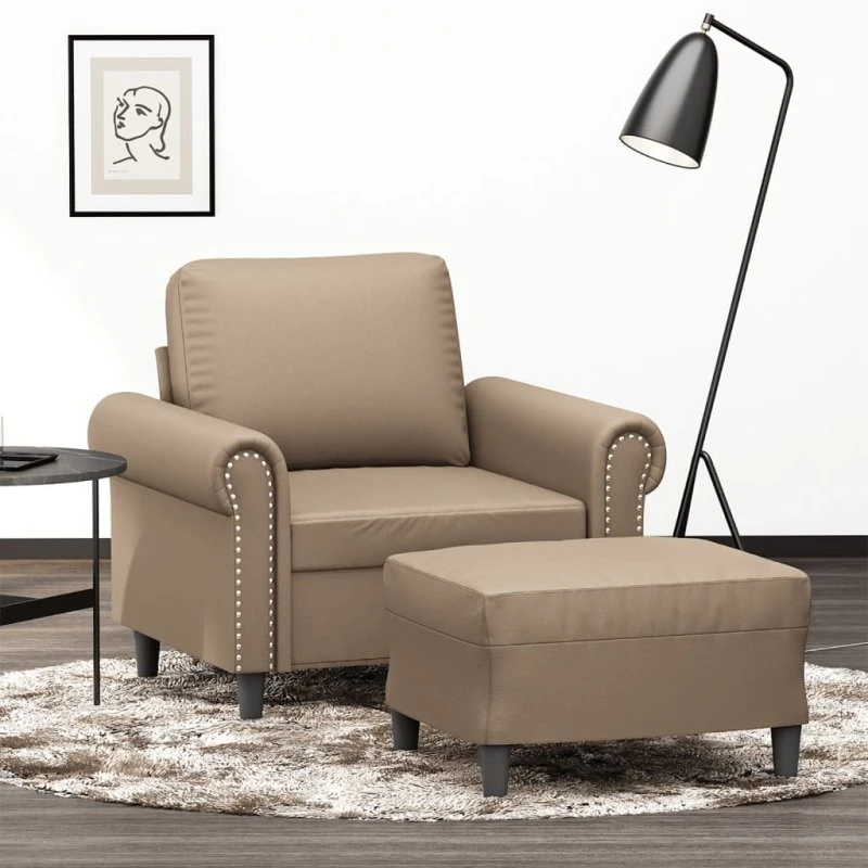 Sofastol med fodskammel 60 cm – kunstlæder Cappuccino