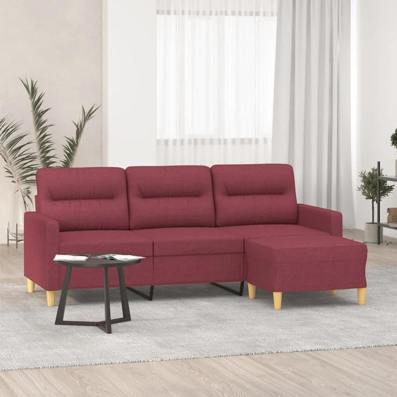 3-personers stofsofa med fodskammel 180 cm – vinrød