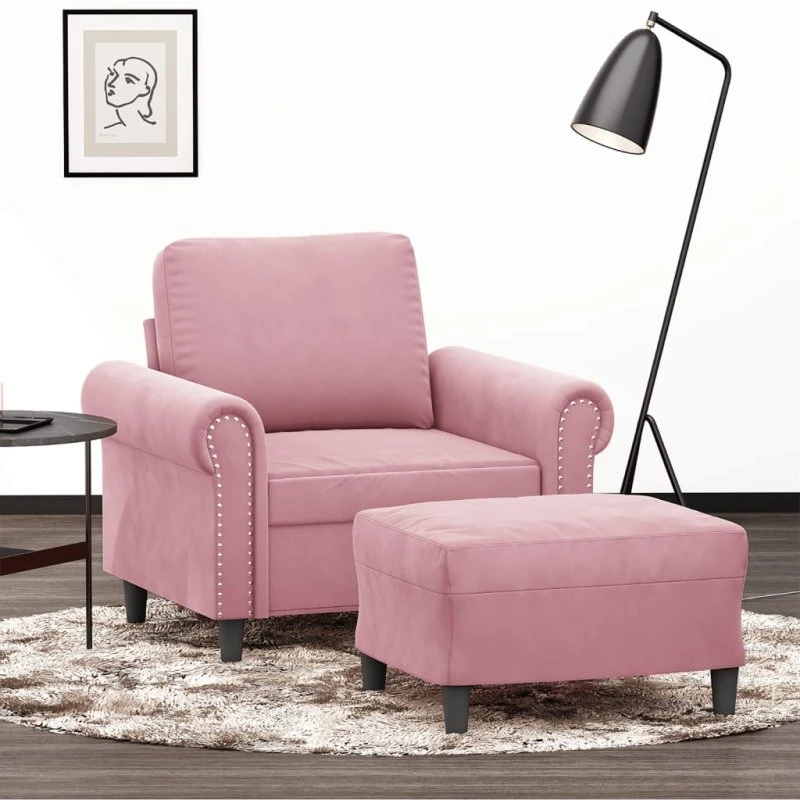 Sofastol med fodskammel 60 cm i lyserød velour