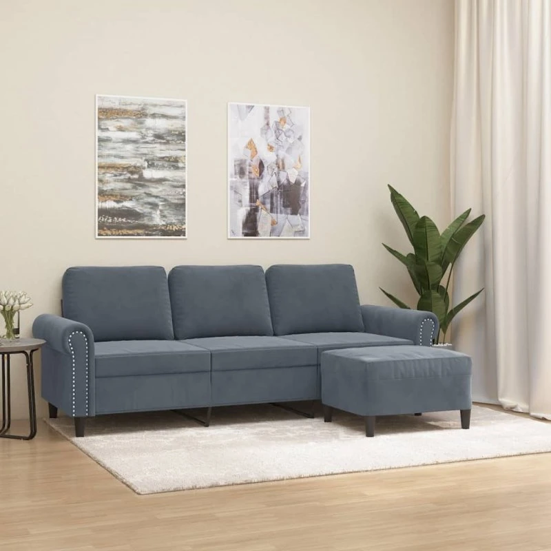 3-personers veloursofa med fodskammel 180 cm – mørkegrå
