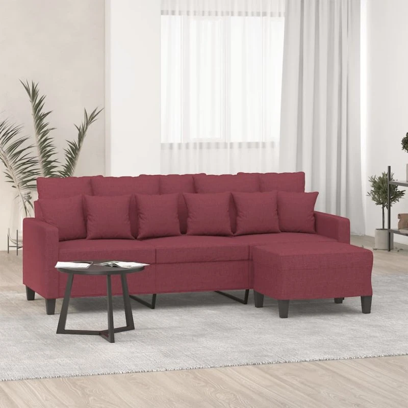 3-personers sofa med fodskammel 180 cm – vinrød stof