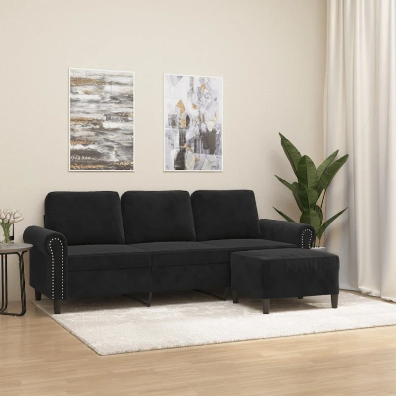 3-personers veloursofa med fodskammel 180 cm - Sort