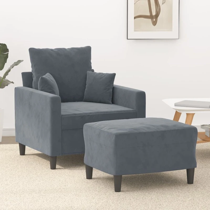 Sofastol med fodskammel 60 cm i mørkegrå velour