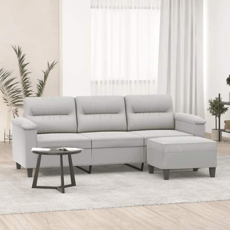 3-personers sofa med fodskammel 180 cm mikrofiber lysegrå