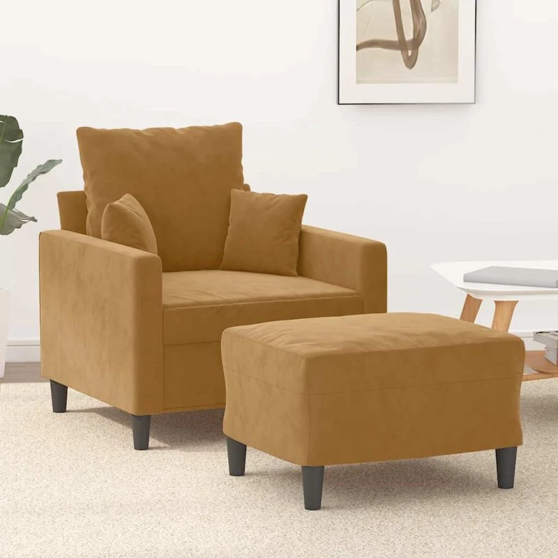 Sofastol med fodskammel 60 cm i brun velour