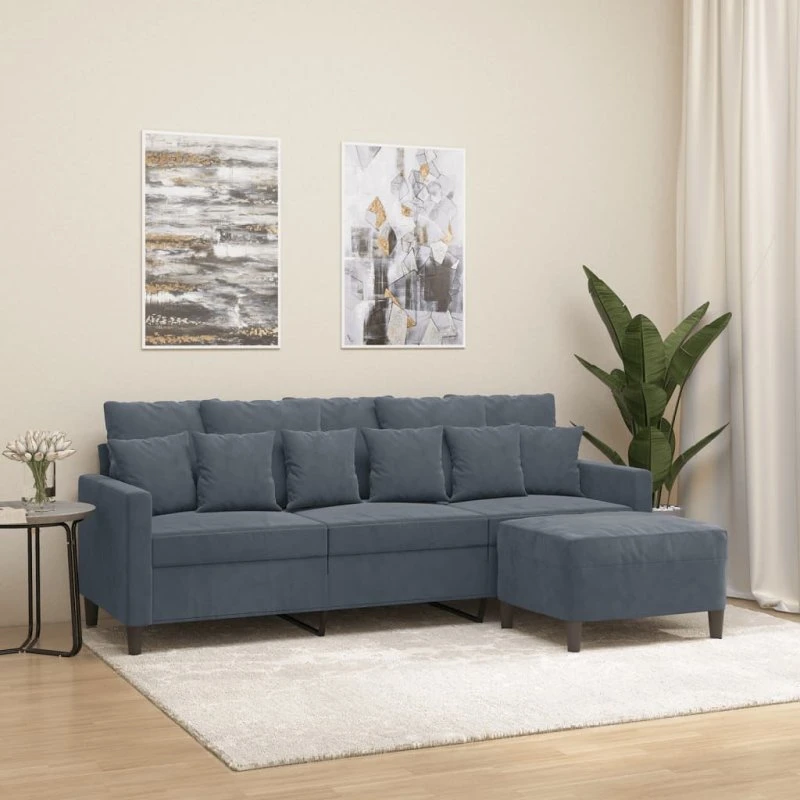 3-personers veloursofa med fodskammel 180 cm - mørkegrå