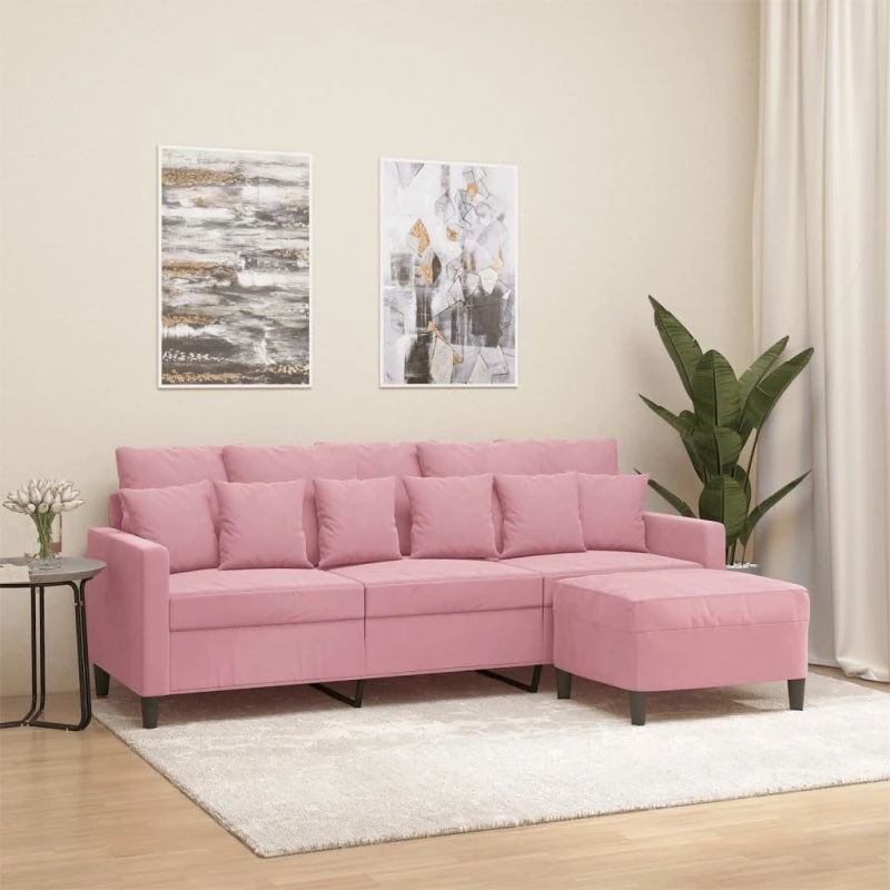 3-personers velour sofa med fodskammel 180 cm – lyserød