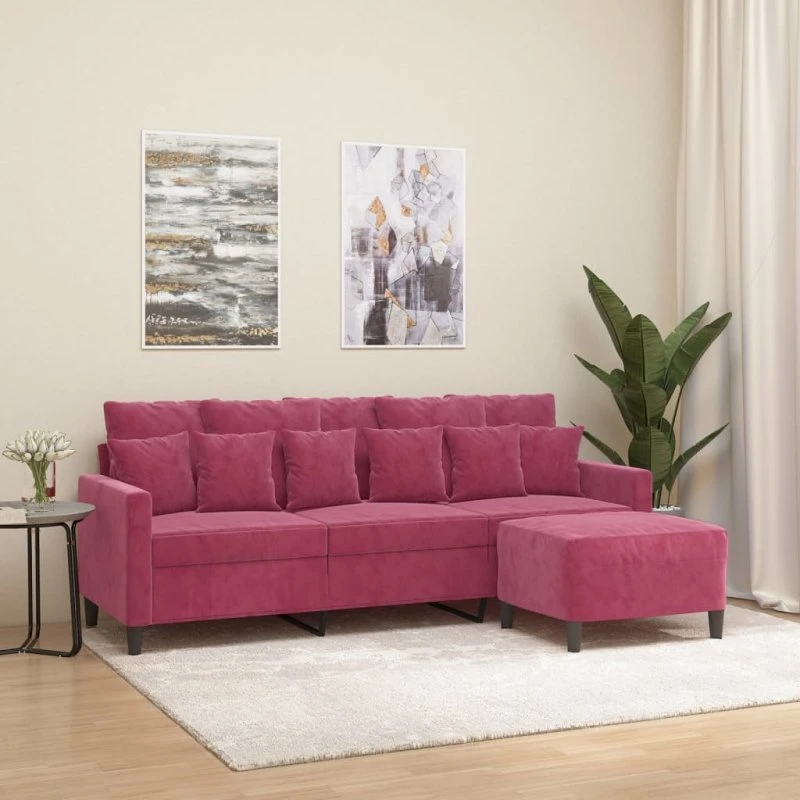 3-personers velour sofa med fodskammel 180 cm – vinrød