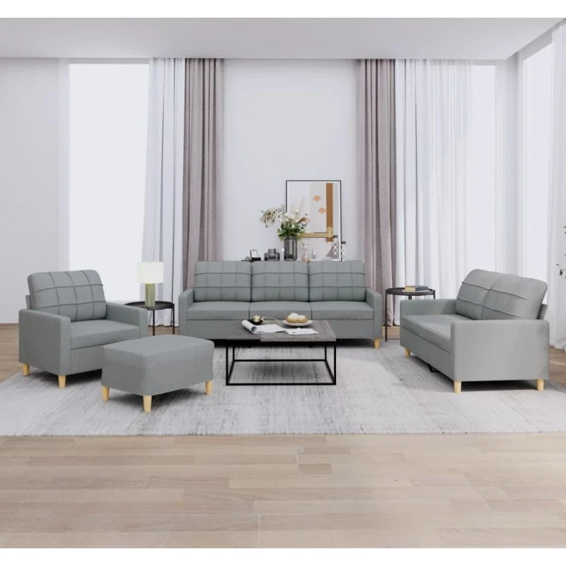 Sofasæt 4 dele i lysegråt stof med fodskammel