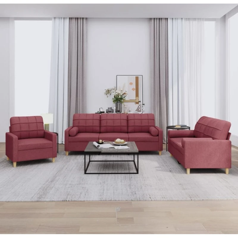 Sofasæt 3 dele vinrød stof med puder