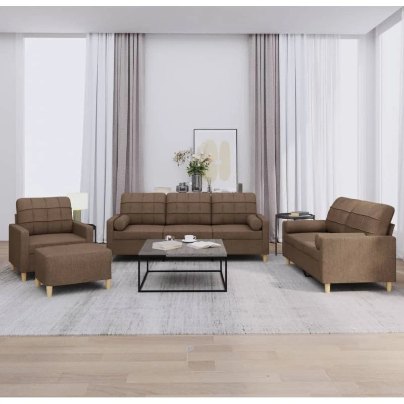 4-personers sofasæt i brun stof med puder
