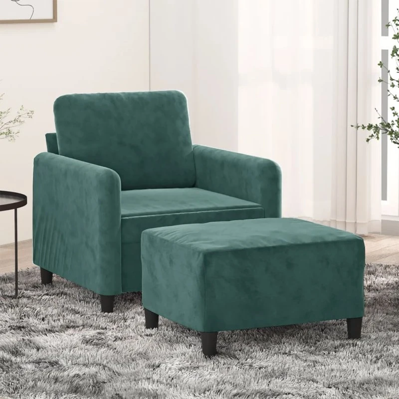 Sofastol med fodskammel 60 cm i mørkegrøn velour
