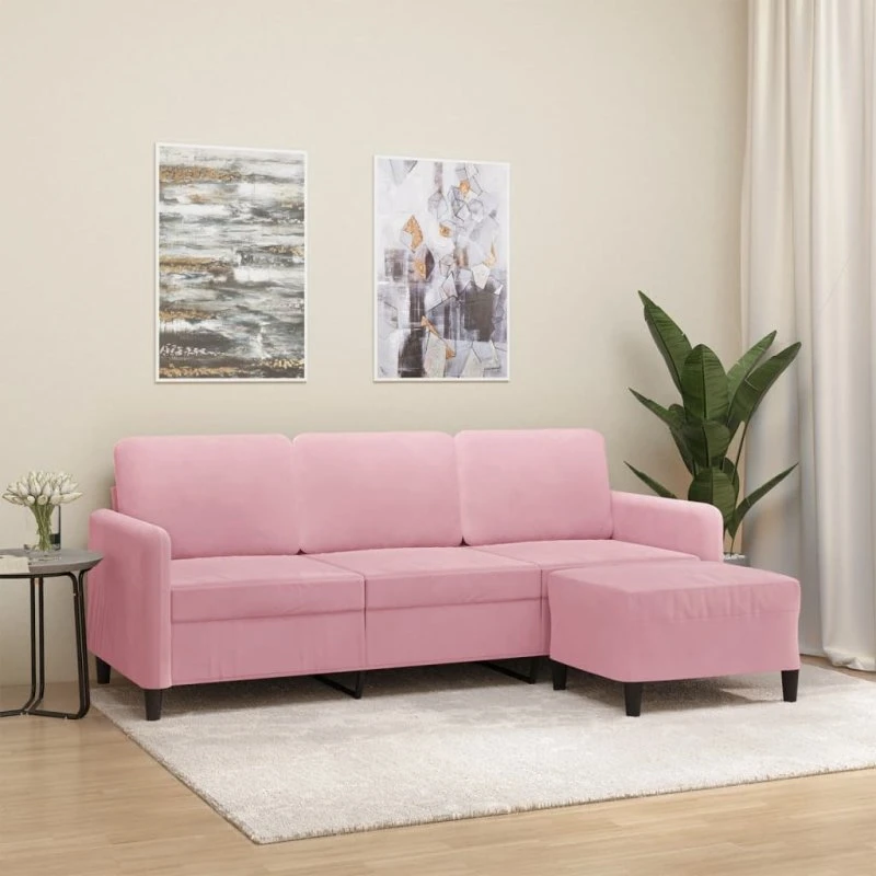 3-personers veloursofa med fodskammel 180 cm - lyserød
