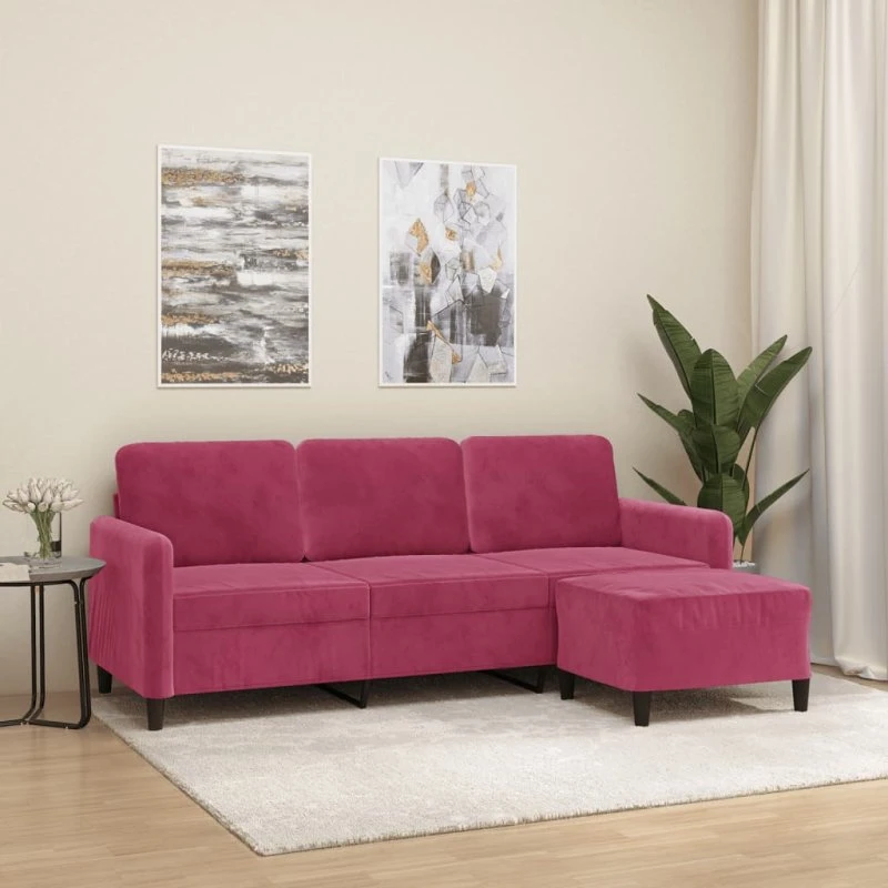 3-personers veloursofa 180 cm med fodskammel - vinrød