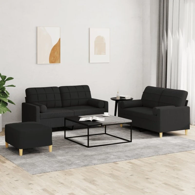 Sofasæt 3 dele med sorte stofpuder