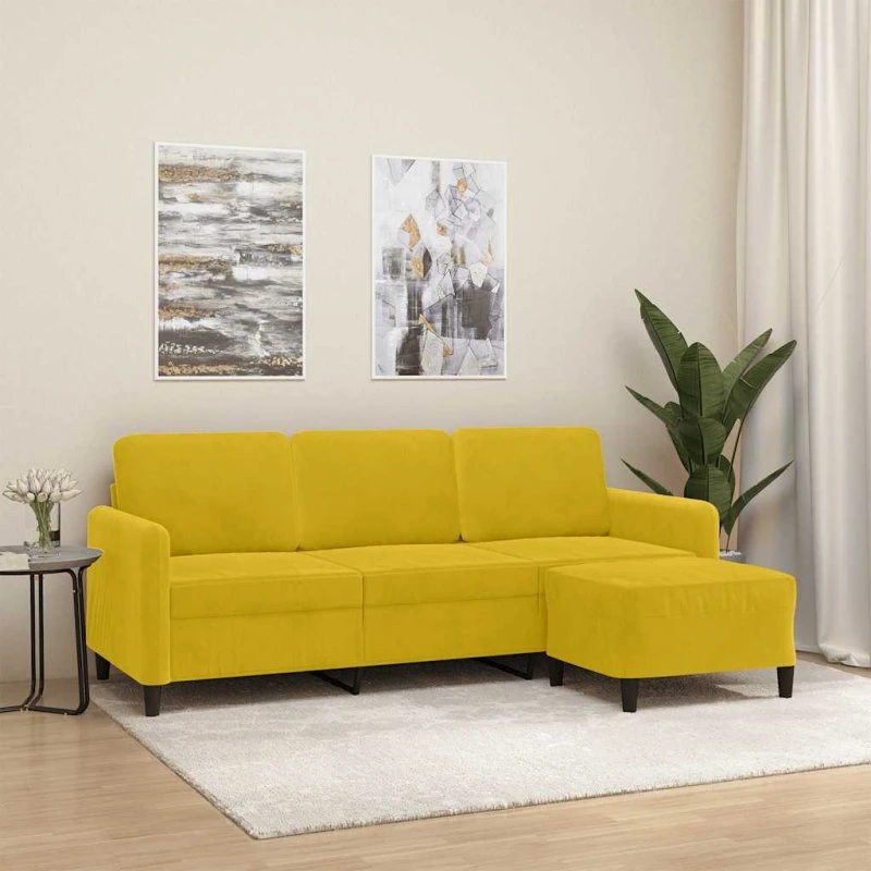 3-personers velour sofa med fodskammel 180 cm – gul