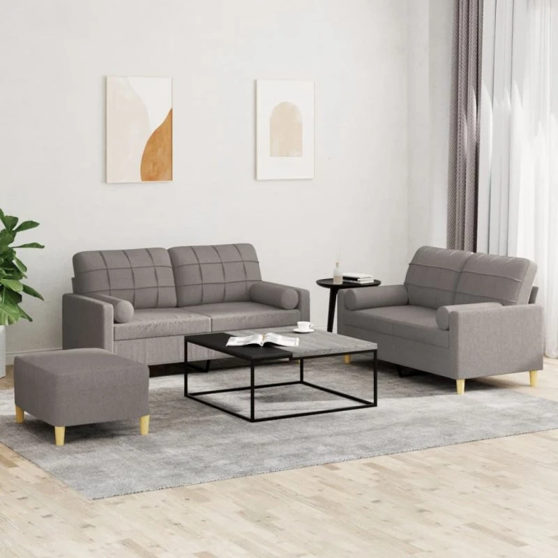 Sofasæt 3 dele i stof, gråbrun med puder