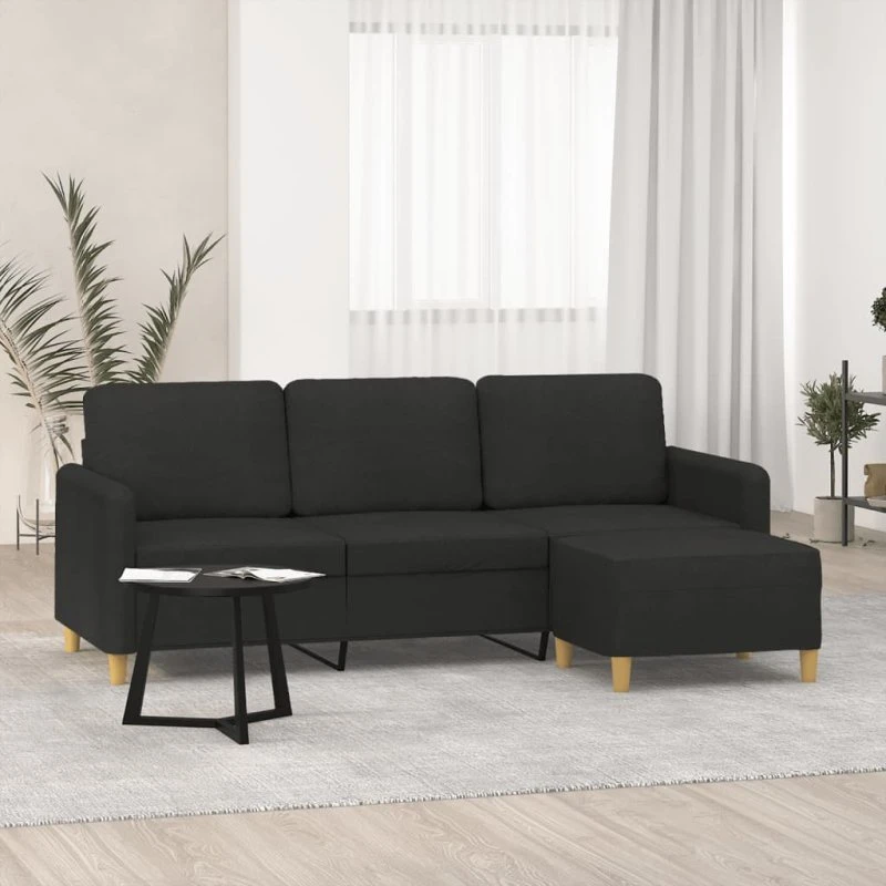 3-personers sofa med fodskammel 180 cm – sort