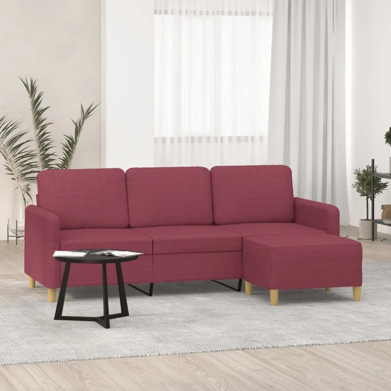 3-personers stofsofa med fodskammel 180 cm – vinrød