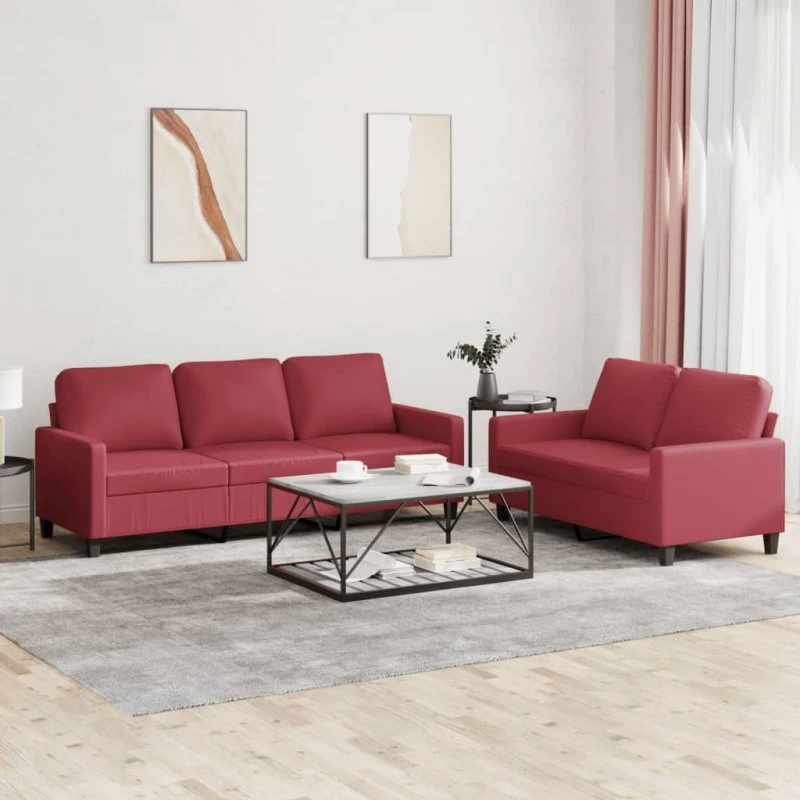 Sofasæt 2 dele i vinrød kunstlæder med hynder
