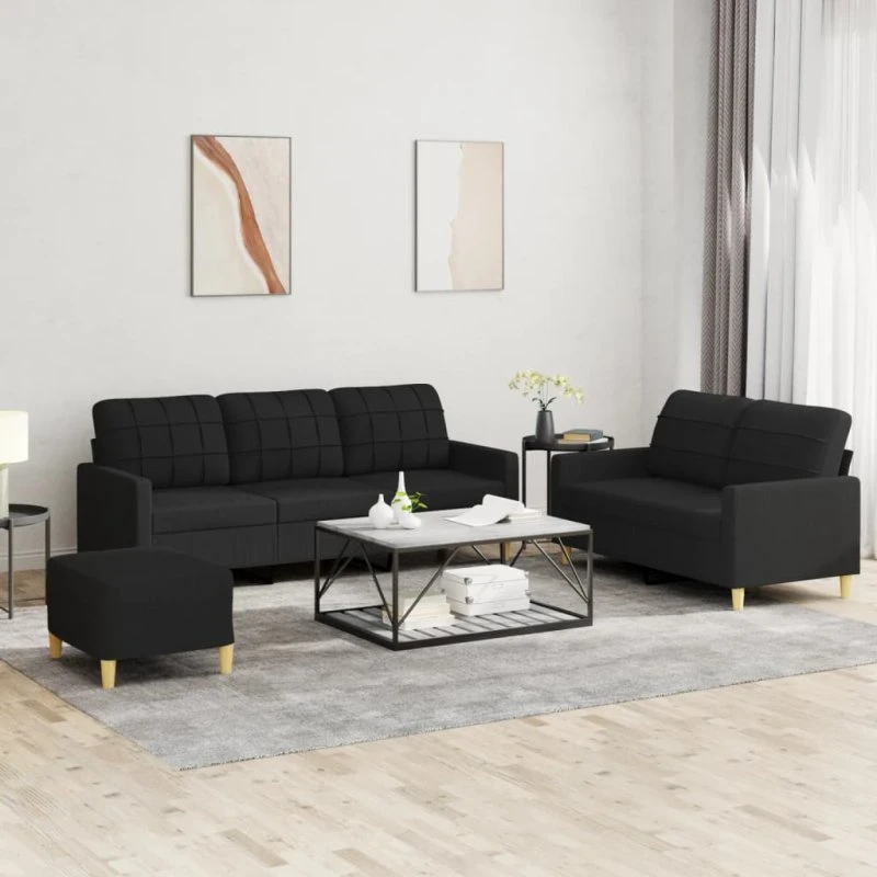 Sofasæt 3 dele med hynder, sort stof