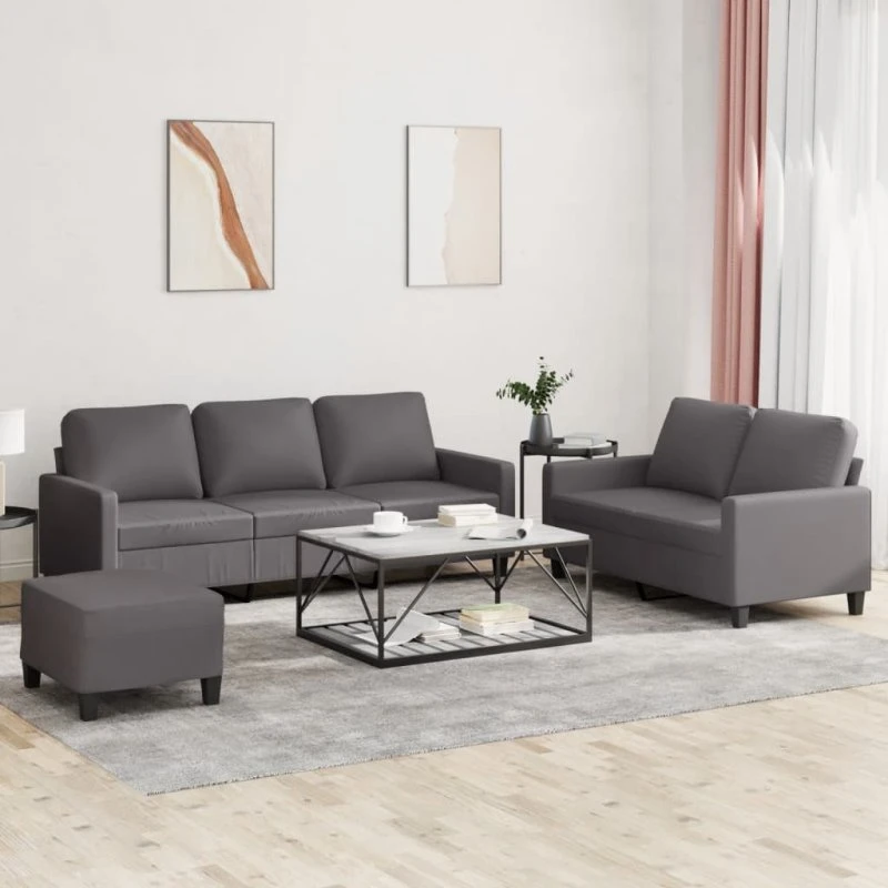 Sofasæt 3 dele i gråt kunstlæder med hynder