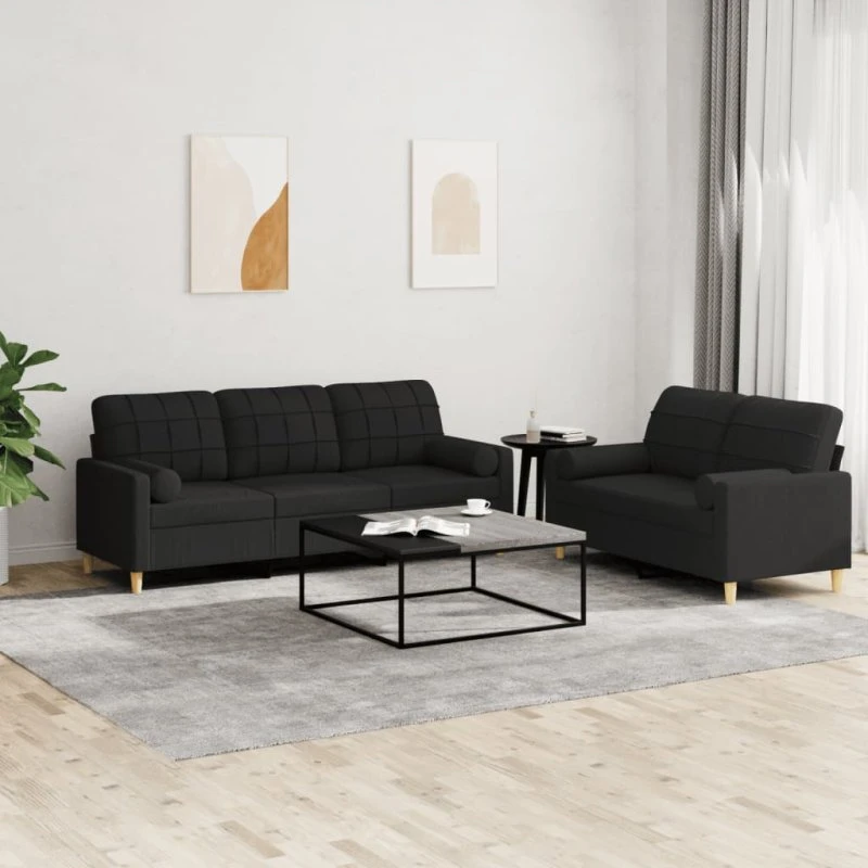 Sofasæt 2-dele i sort stof med puder