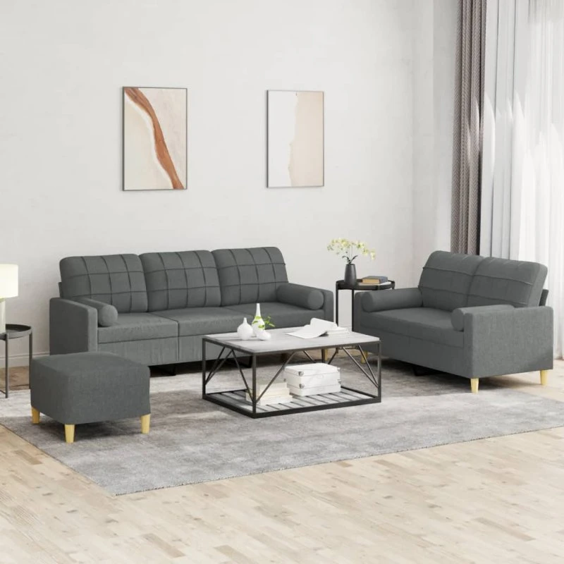 3-delers sofasæt i mørkegråt stof med puder