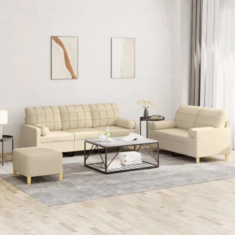 3-personers sofasæt 3 dele i creme stof med puder